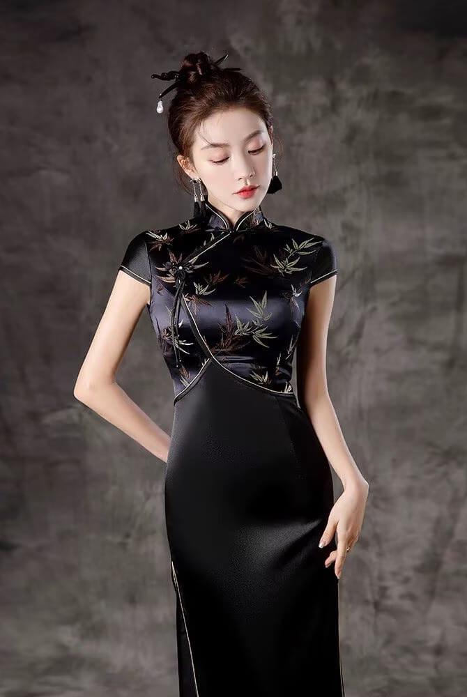 Beth and Brian Qipao-ZYX Luxury Runway Performance Dress, Bamboo Leaf Pattern Long Cheongsam