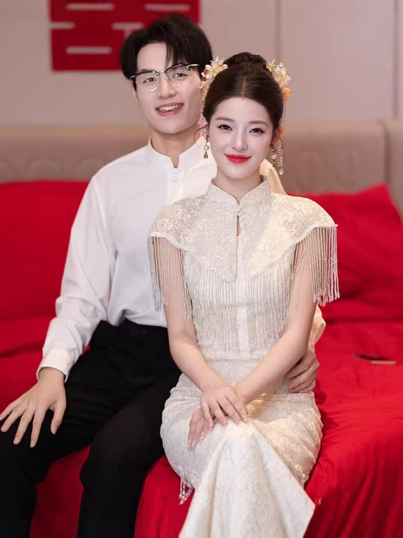Beth and Brian Qipao-MY Lace fabric, water drop collar, champagne long Cheongsam set
