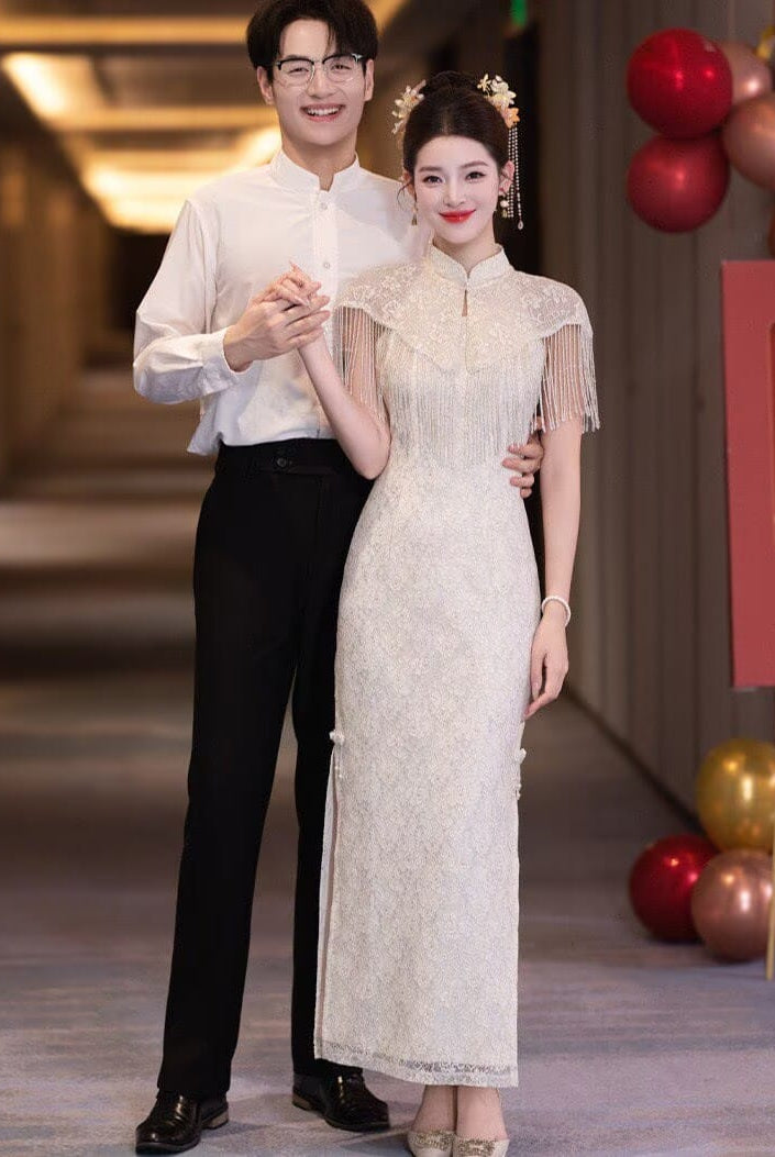 Beth and Brian Qipao-MY Lace fabric, water drop collar, champagne long Cheongsam set