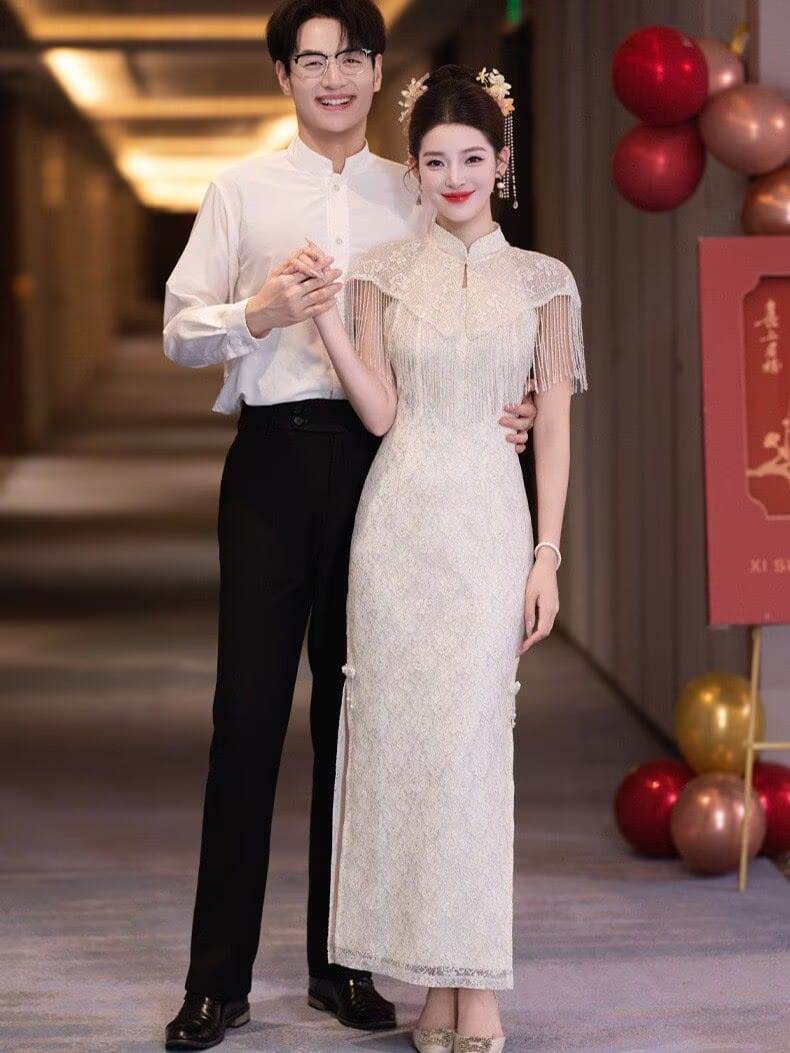 Beth and Brian Qipao-MY Lace fabric, water drop collar, champagne long Cheongsam set