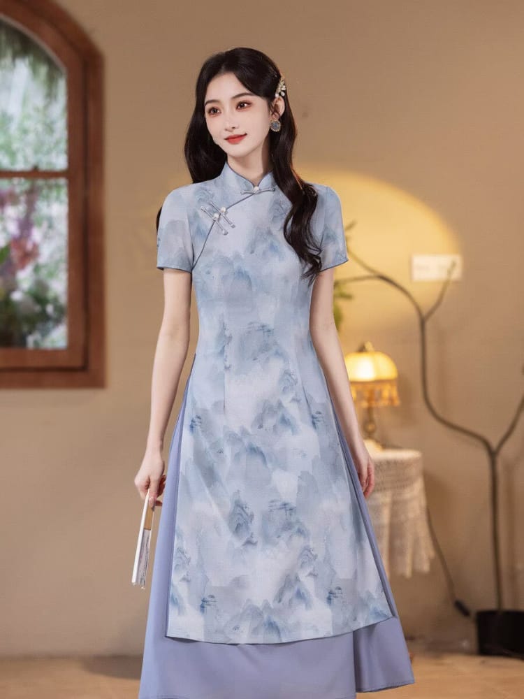 Beth and Brian Qipao-MYJ Ink Wash Landscape Pattern, Light Blue and Green Midi Ao dai