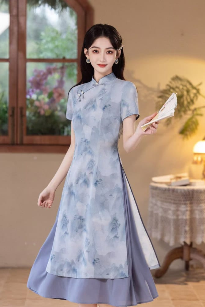 Beth and Brian Qipao-MYJ Ink Wash Landscape Pattern, Light Blue and Green Midi Ao dai