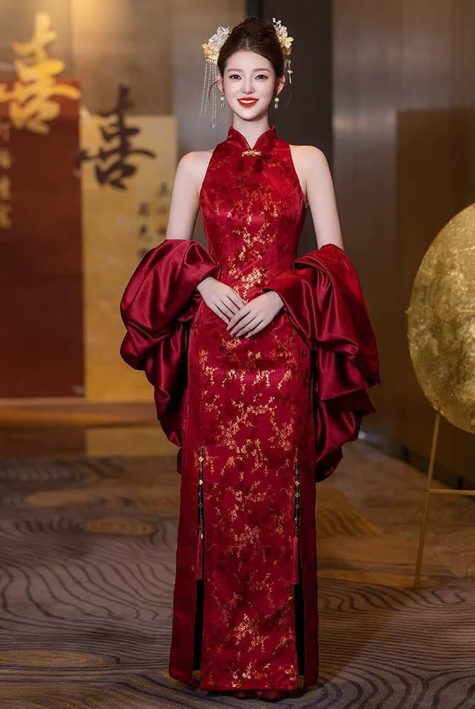 Beth and Brian Qipao - SDN Gold Hot Stamping Plum Blossom Pattern, Bridal Cheongsam with Puff Sleeves