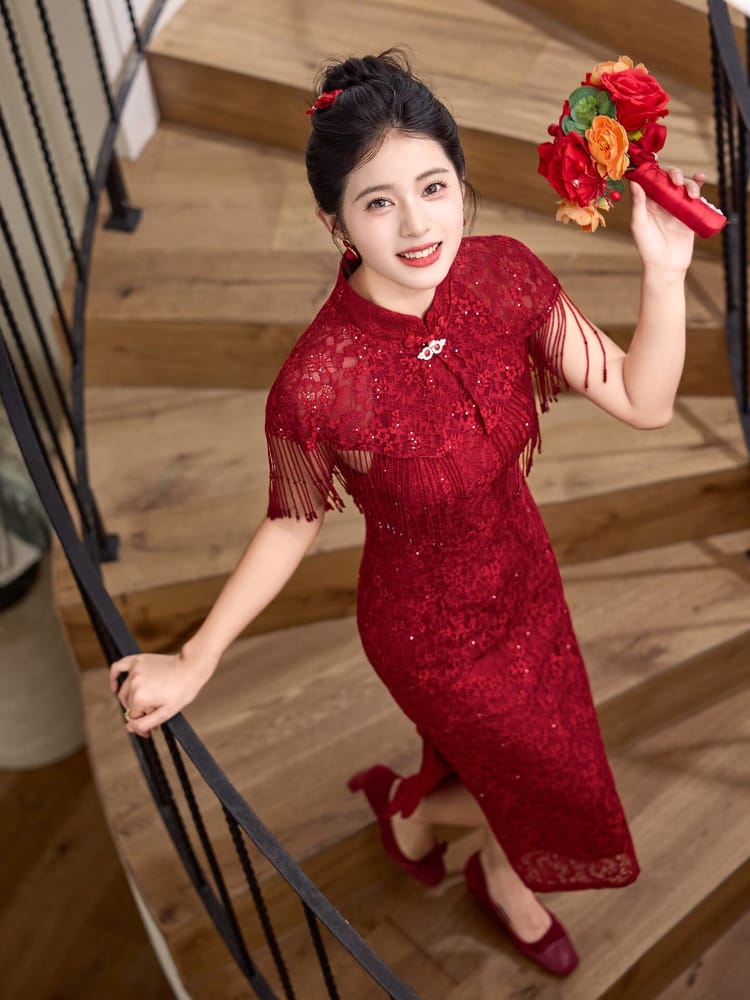Beth and Brian Qipao-MY Bridal Chinese Style, Tassel Wine Red Midi Cheongsam Set