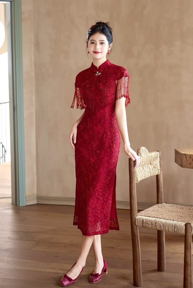 Beth and Brian Qipao-MY Bridal Chinese Style, Tassel Wine Red Midi Cheongsam Set