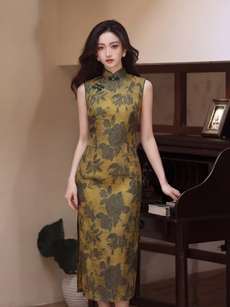 Beth and Brian Qipao-MYJ Retro style, floral yellow midi Cheongsam