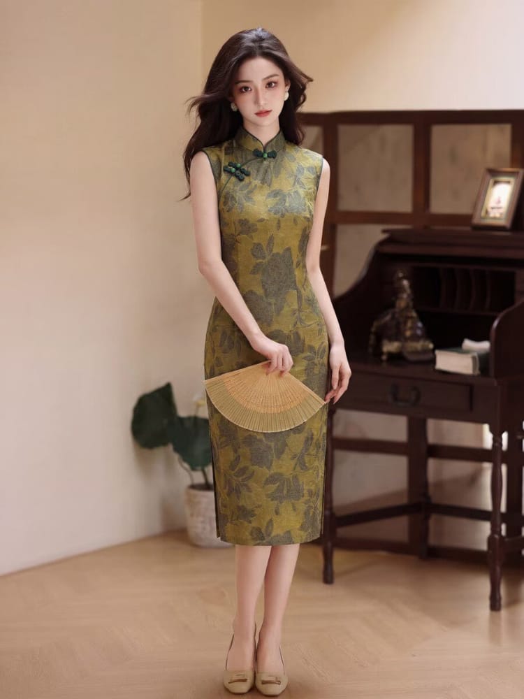 Beth and Brian Qipao-MYJ Retro style, floral yellow midi Cheongsam