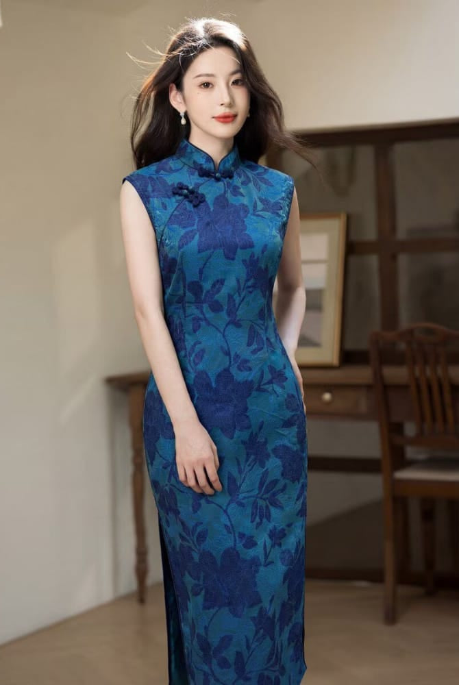Beth and Brian Qipao-MYJ Sleeveless, floral pattern, blue midi Cheongsam