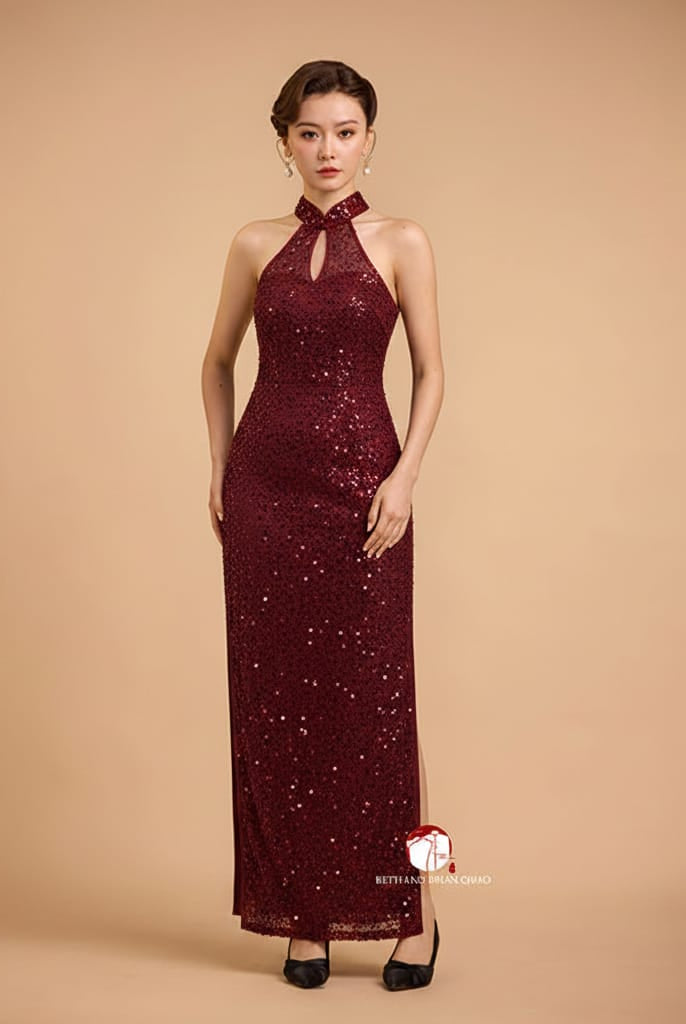 Beth and Brian Qipao-SD Exclusive designer collection, black sequins long Qipao