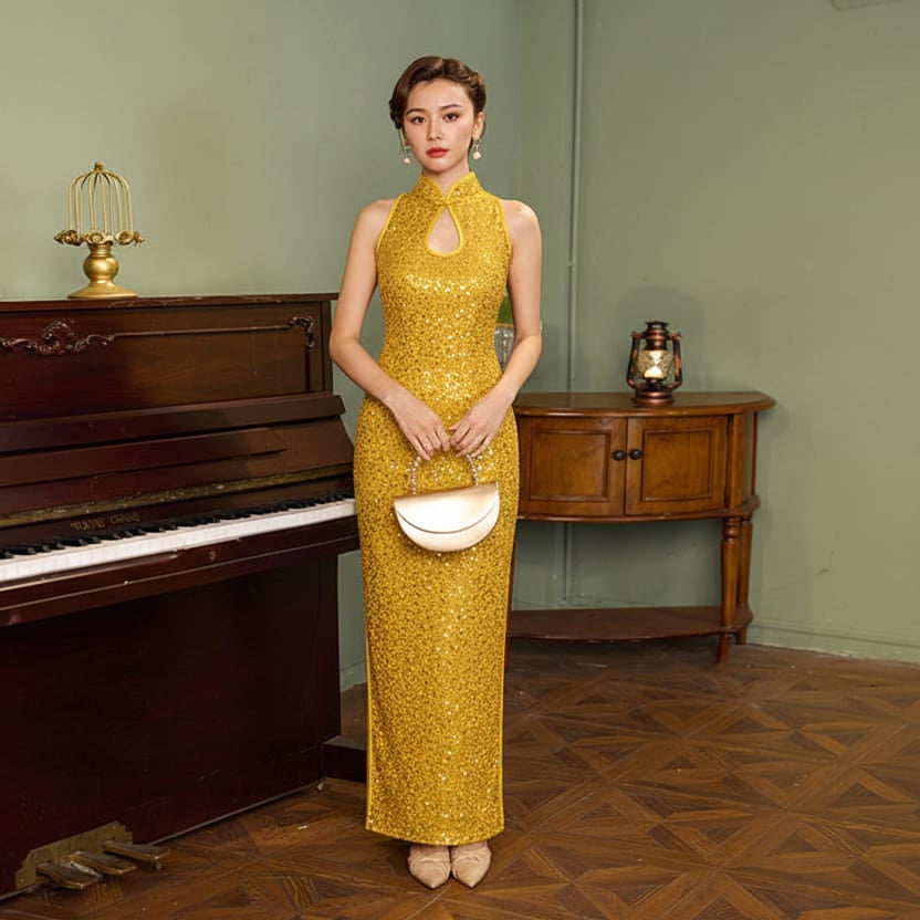 Beth and Brian Qipao-Exclusivedesigner Exclusive designer collection, blue sequins long Qipao