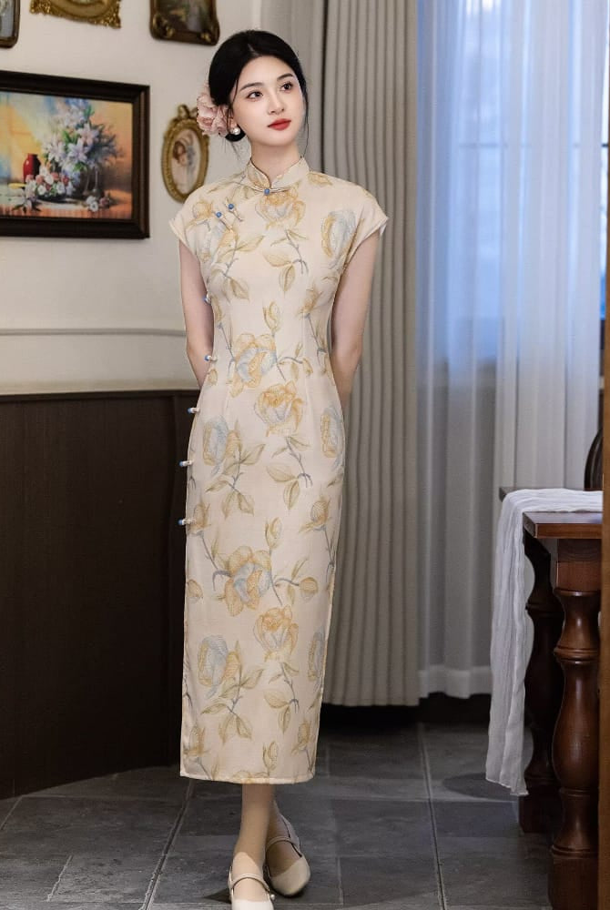 Beth and Brian Qipao-LSB Floral pattern, light yellow long Cheongsam
