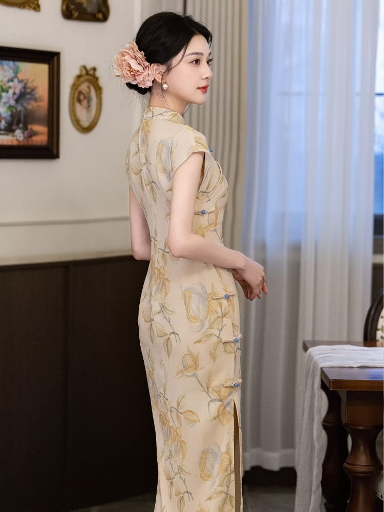 Beth and Brian Qipao-LSB Floral pattern, light yellow long Cheongsam