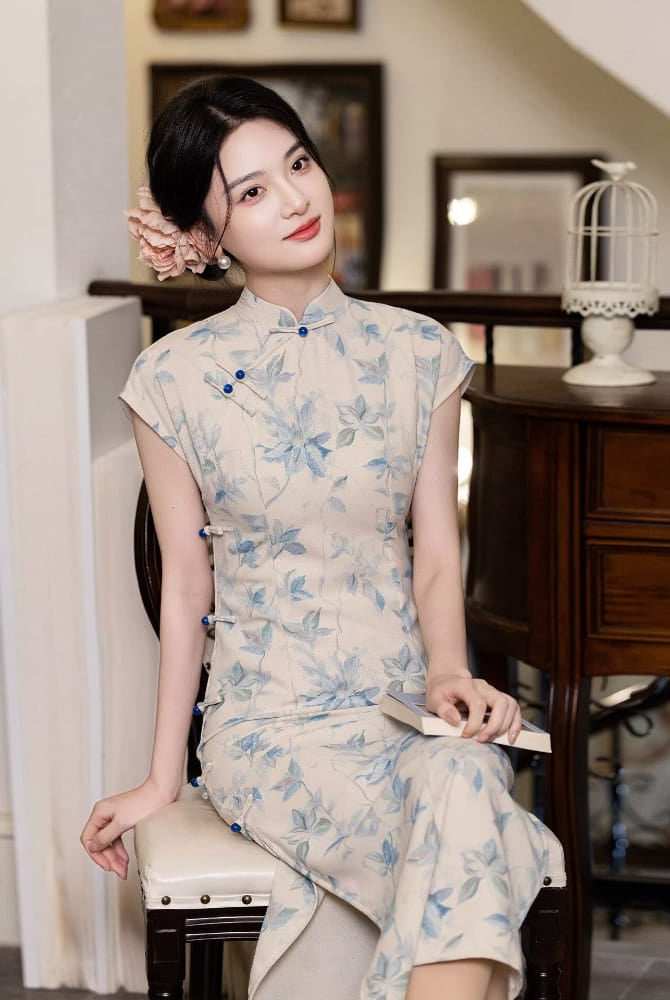 Beth and Brian Qipao-LSB Summer collection, blue ramie long Cheongsam
