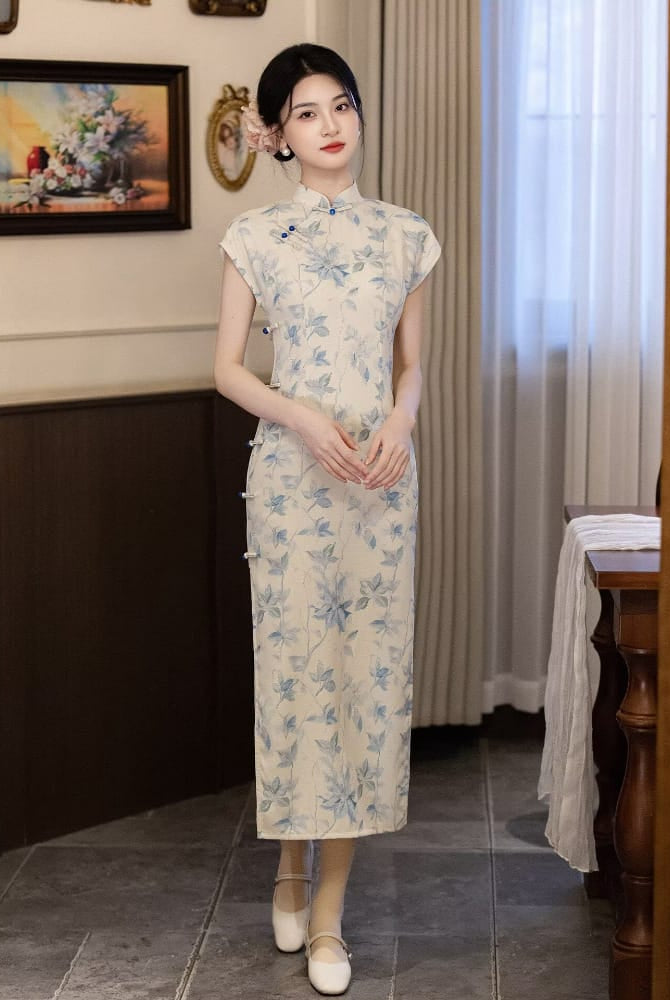 Beth and Brian Qipao-LSB Summer collection, blue ramie long Cheongsam