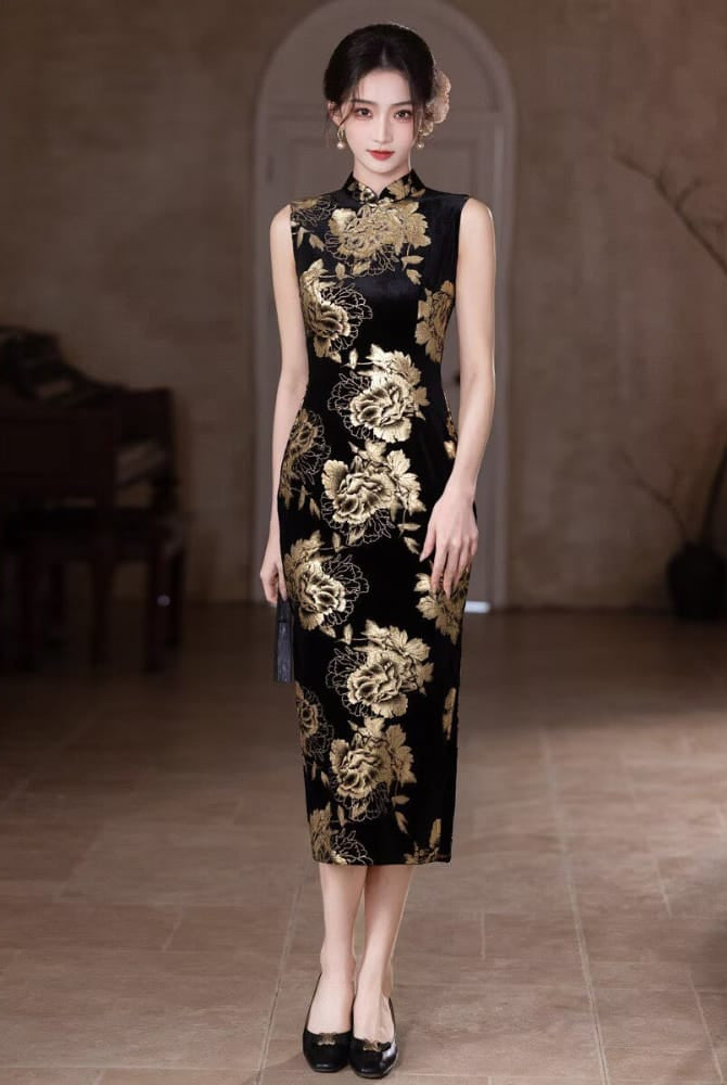 Beth and Brian Qipao-MYJ Gold Foil Stamping, Floral Pattern, Black Long Cheongsam