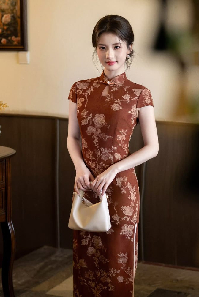 Beth and Brian Qipao-MYJ Caramel Reddish Brown, Jacquard Fabric, Peony Pattern Long Cheongsam