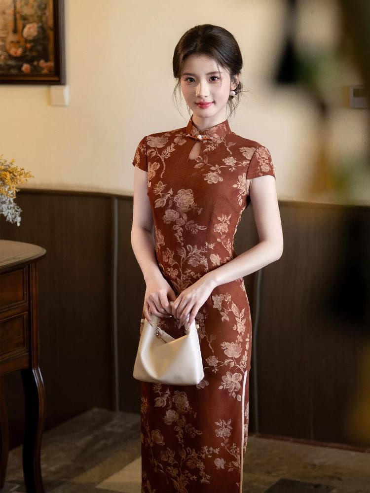 Beth and Brian Qipao-MYJ Caramel Reddish Brown, Jacquard Fabric, Peony Pattern Long Cheongsam