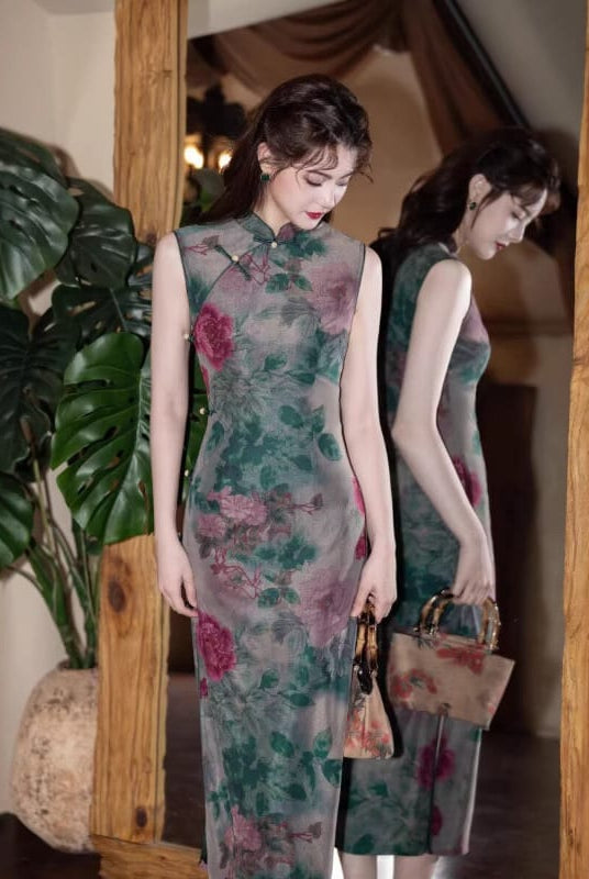 Beth and Brian Qipao-MYJ Ink Wash Peony Pattern, Green Long Cheongsam