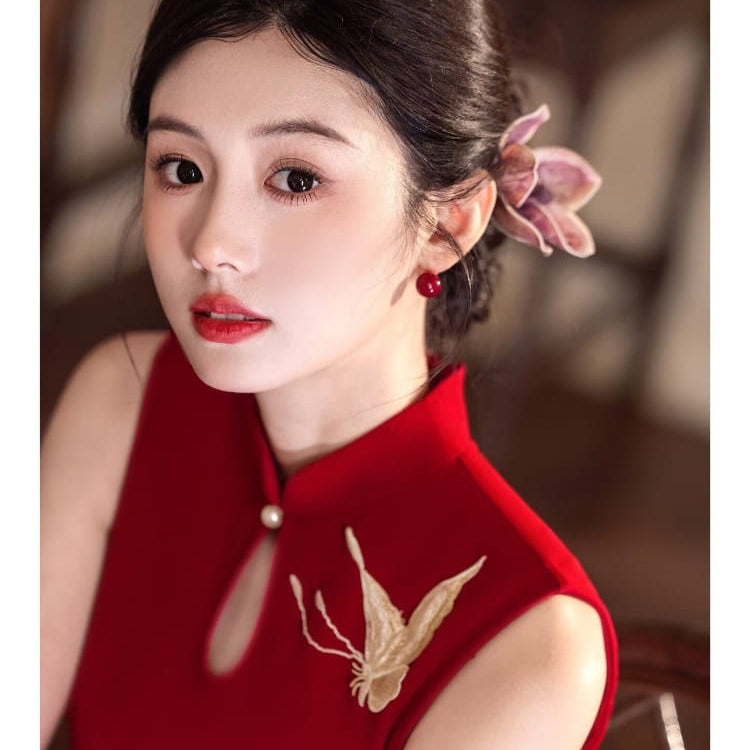 Beth and Brian Qipao-LSB Butterfly embroidery, water drop collar, sleeveless long Cheongsam