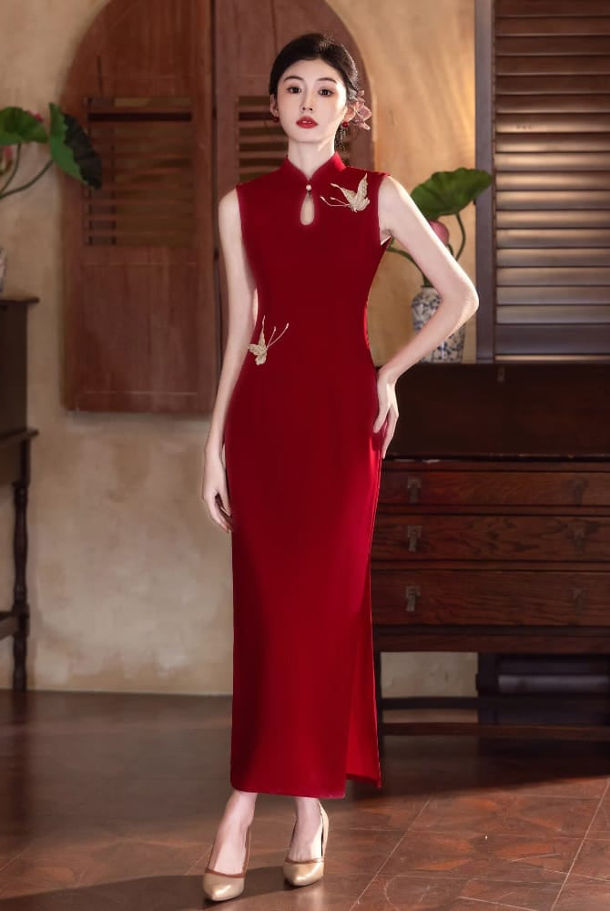 Beth and Brian Qipao-LSB Butterfly embroidery, water drop collar, sleeveless long Cheongsam