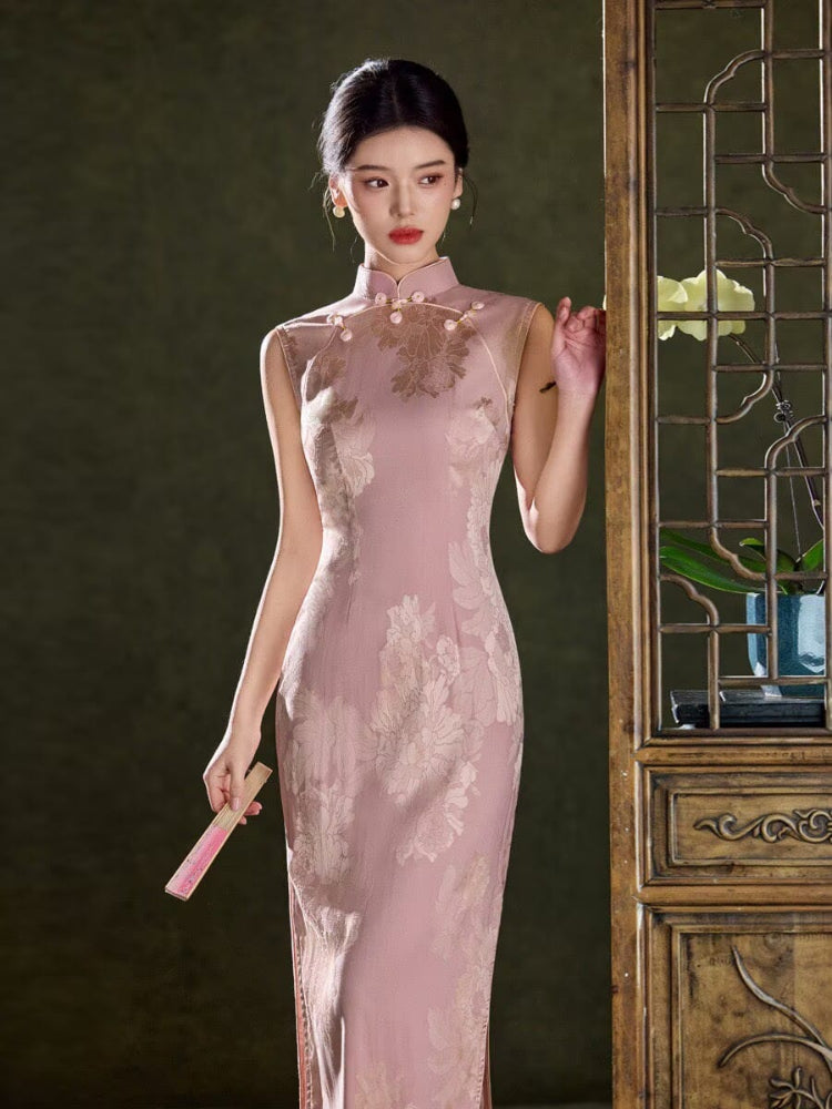 Beth and Brian Qipao-LSB Sleeveless, floral pattern, pink midi Cheongsam