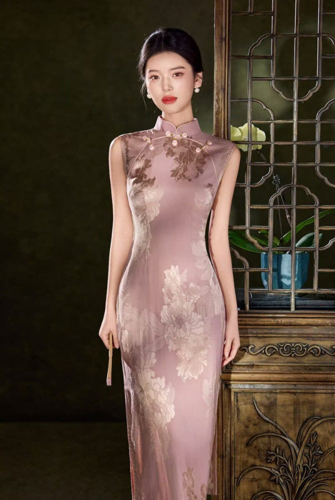 Beth and Brian Qipao-LSB Sleeveless, floral pattern, pink midi Cheongsam
