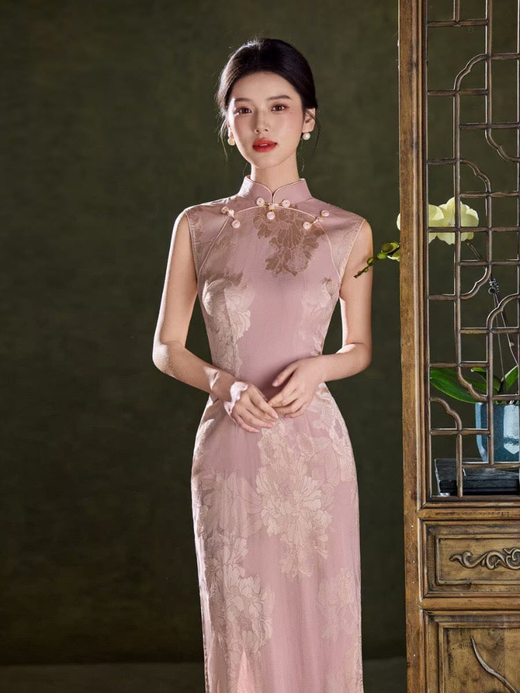 Beth and Brian Qipao-LSB Sleeveless, floral pattern, pink midi Cheongsam