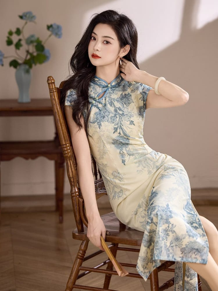 Beth and Brian Qipao-LSB Blue and white porcelain pattern, mesh long Cheongsam