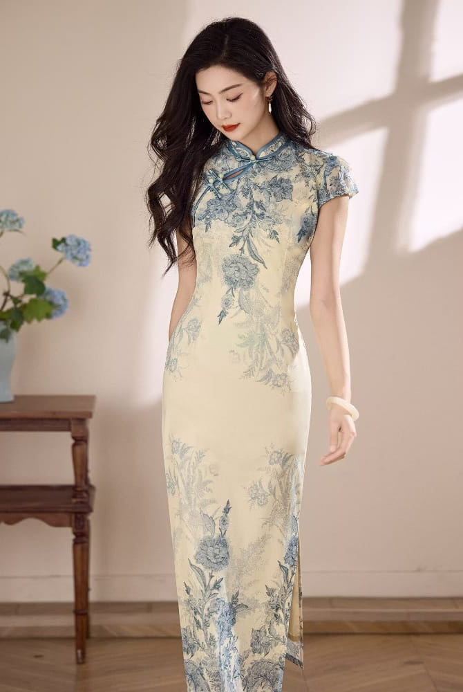 Beth and Brian Qipao-LSB Blue and white porcelain pattern, mesh long Cheongsam