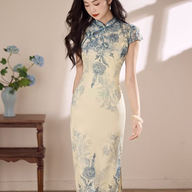 Beth and Brian Qipao-LSB Blue and white porcelain pattern, mesh long Cheongsam