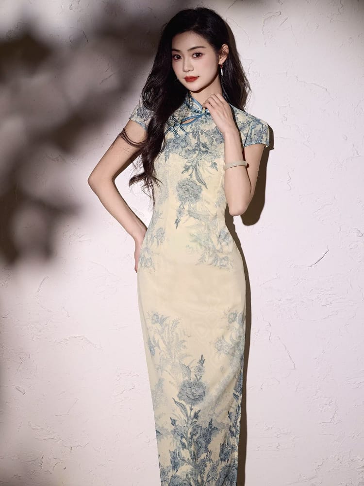 Beth and Brian Qipao-LSB Blue and white porcelain pattern, mesh long Cheongsam