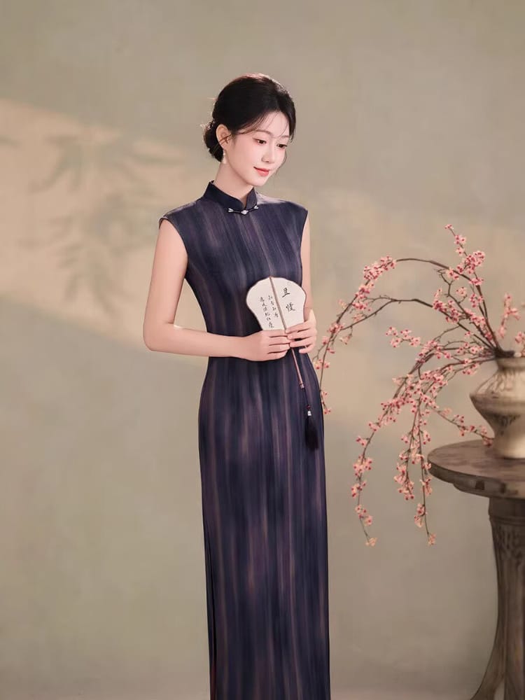 Beth and Brian Qipao-TQX Hong Kong Style, Stripe Pattern, Satin Long Cheongsam