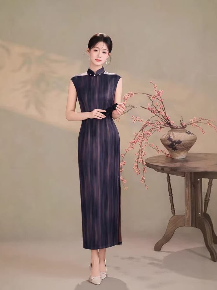 Beth and Brian Qipao-TQX Hong Kong Style, Stripe Pattern, Satin Long Cheongsam