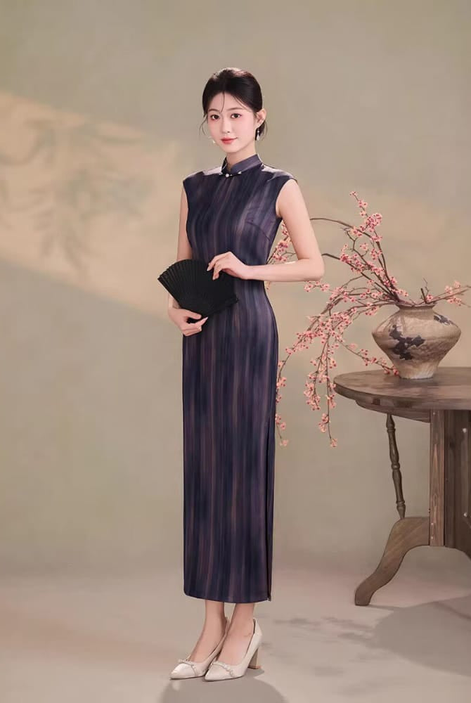 Beth and Brian Qipao-TQX Hong Kong Style, Stripe Pattern, Satin Long Cheongsam
