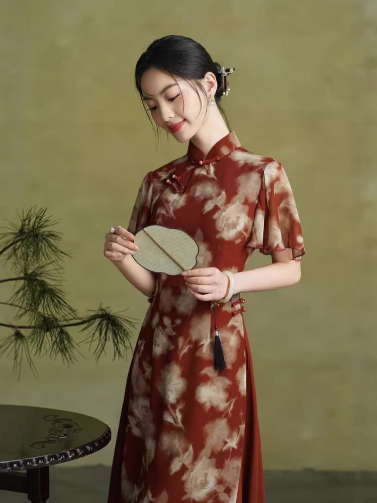 Beth and Brian Qipao-TQX Summer collecction, floral pattern, red midi Ao dai