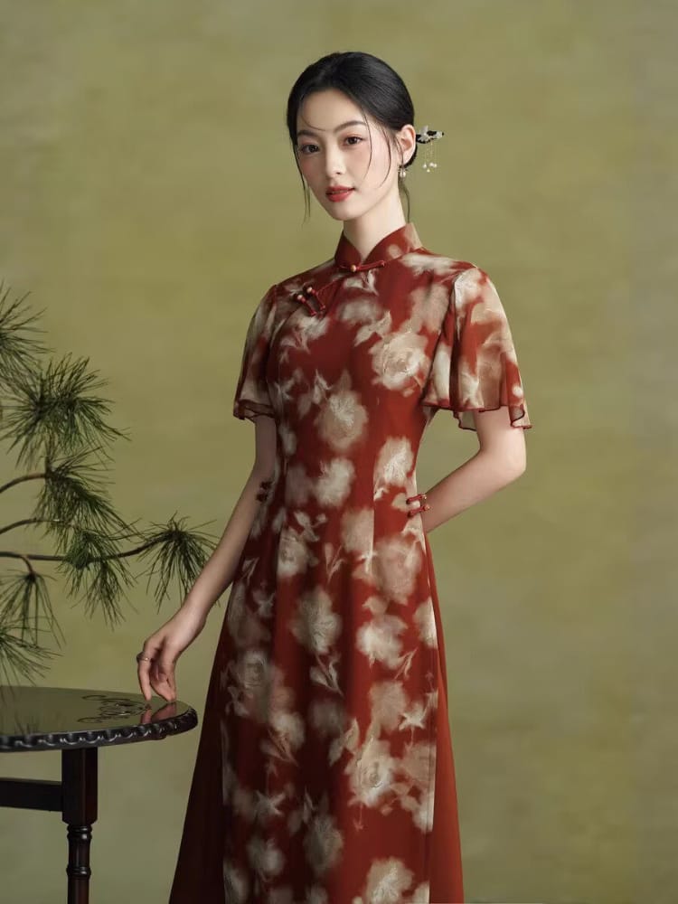 Beth and Brian Qipao-TQX Summer collecction, floral pattern, red midi Ao dai
