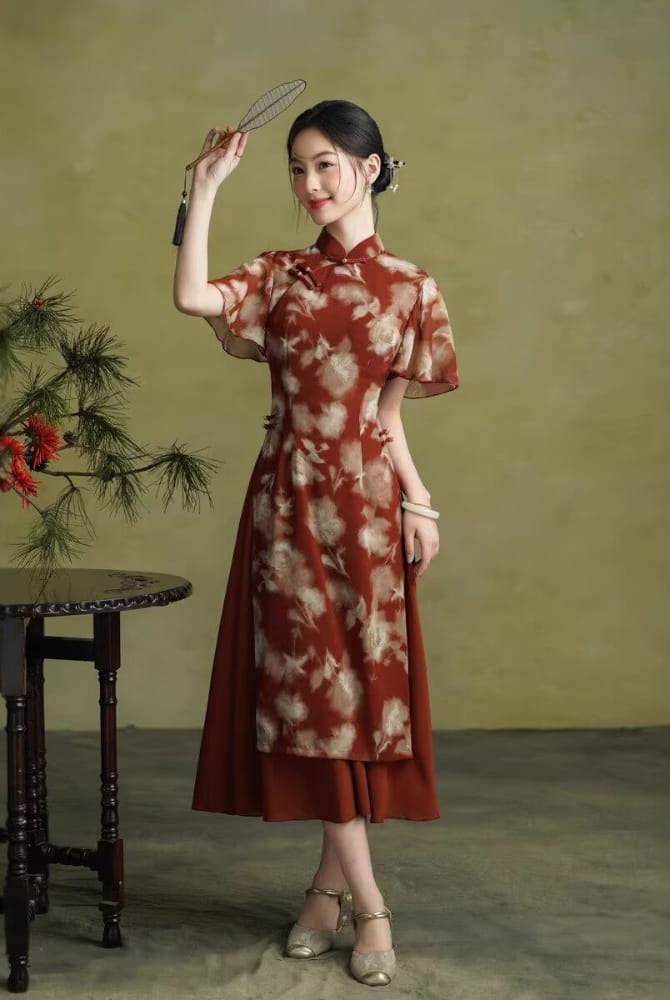 Beth and Brian Qipao-TQX Summer collecction, floral pattern, red midi Ao dai