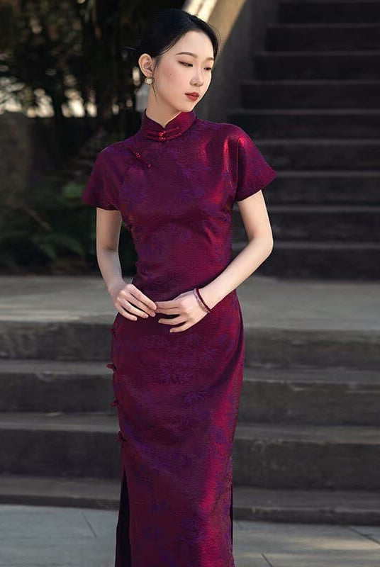 Beth and Brian Qipao-SMQ Ancient Craft Full Placket, purple midi Cheongsam