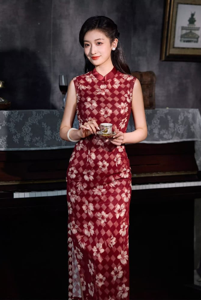 Beth and Brian Qipao-XLY Old Shanghai style, plaid and floral pattern, red long Cheongsam