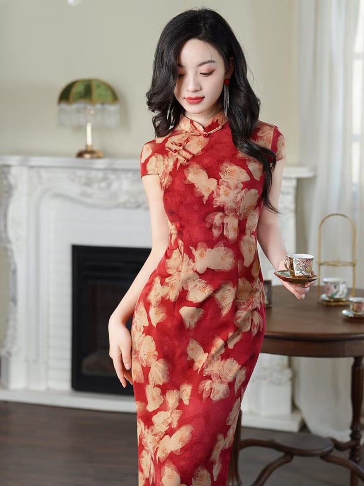 Beth and Brian Qipao-XLY Cap Sleeves, floral pattern, wedding long Cheongsam