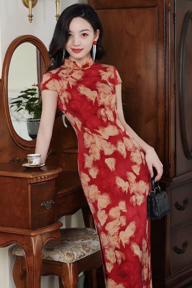 Beth and Brian Qipao-XLY Cap Sleeves, floral pattern, wedding long Cheongsam