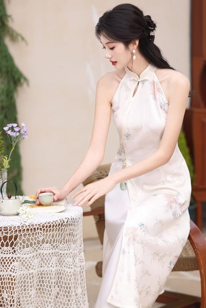 Beth and Brian Qipao-LSB Halter, lace beige midi Cheongsam