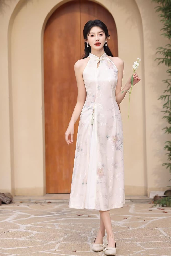 Beth and Brian Qipao-LSB Halter, lace beige midi Cheongsam