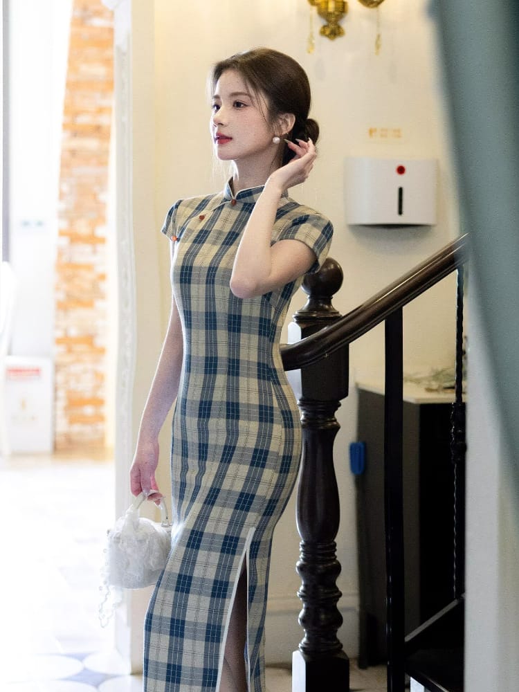 Beth and Brian Qipao-LSB Plaid pattern cotton midi Cheongsam