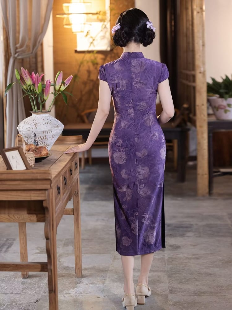 Beth and Brian Qipao-LSB Flocking fabric, butterfly pattern, purple midi Cheongsam