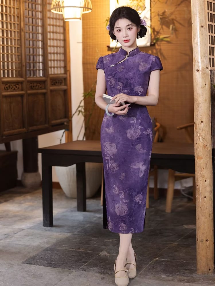 Beth and Brian Qipao-LSB Flocking fabric, butterfly pattern, purple midi Cheongsam