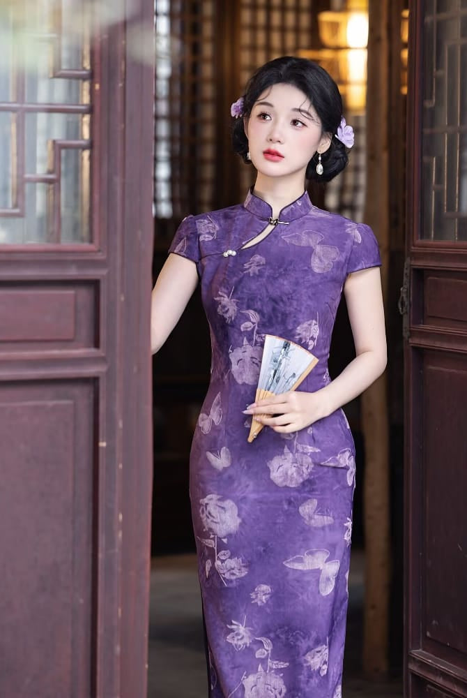 Beth and Brian Qipao-LSB Flocking fabric, butterfly pattern, purple midi Cheongsam