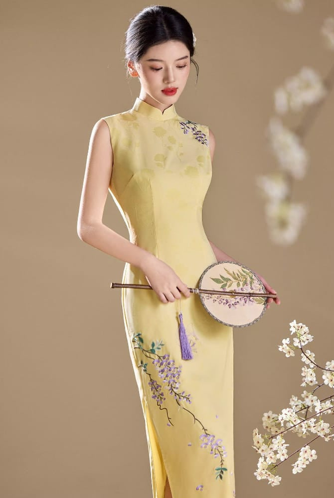 Beth and Brian Qipao-LSB Floral pattern, jacquard satin midi Cheongsam