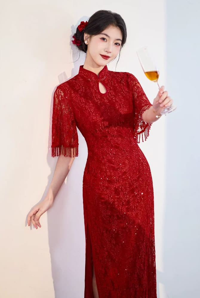 Beth and Brian Qipao-JNX Floral pattern, wedding lace midi Cheongsam