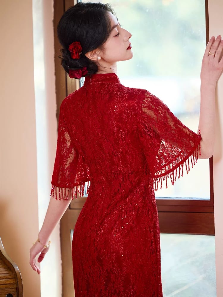 Beth and Brian Qipao-JNX Floral pattern, wedding lace midi Cheongsam